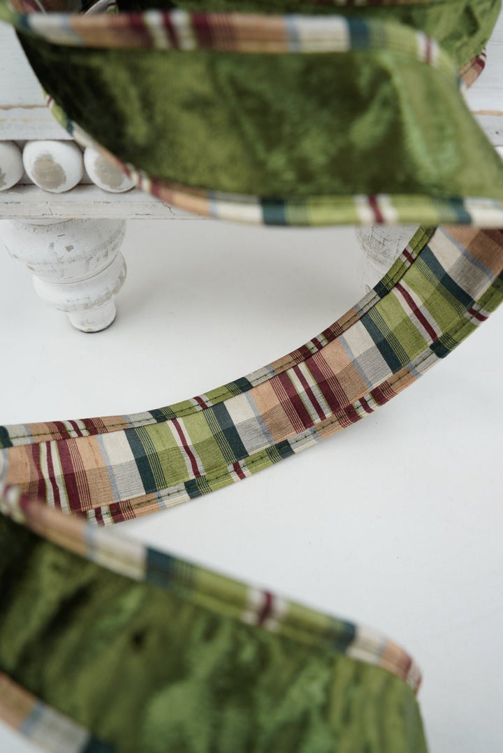 Green Velvet And Plaid Double Sided Wired Ribbon - 1.5" - Greenery MarketRW9620-GR