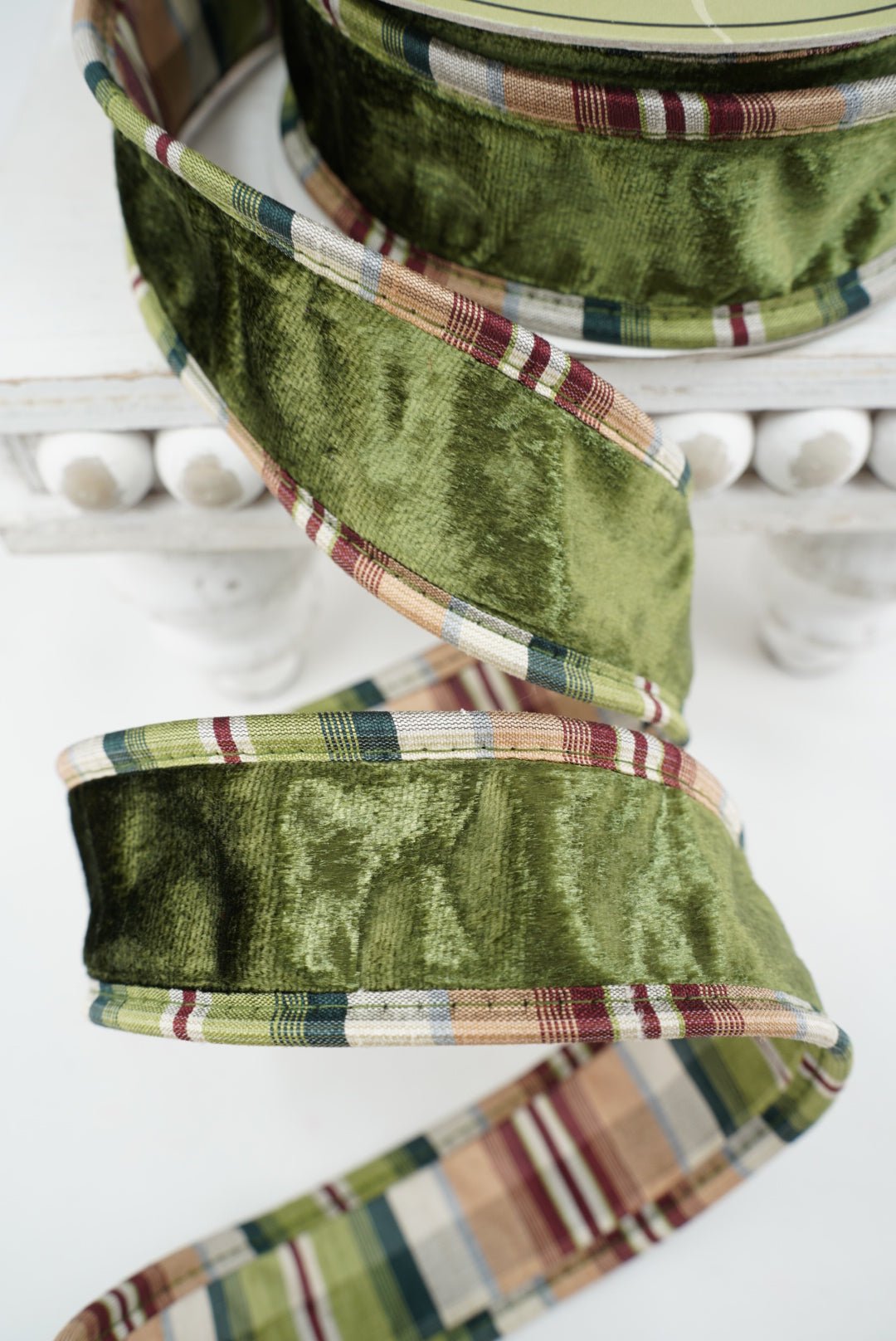 Green Velvet And Plaid Double Sided Wired Ribbon - 1.5" - Greenery MarketRW9620-GR