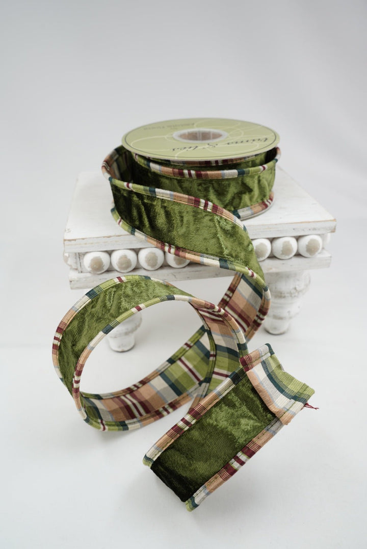 Green Velvet And Plaid Double Sided Wired Ribbon - 1.5" - Greenery MarketRW9620-GR