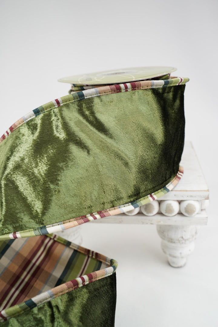 Green Velvet And Plaid Double Sided Wired Ribbon - 4" - Greenery MarketRW9622-GR
