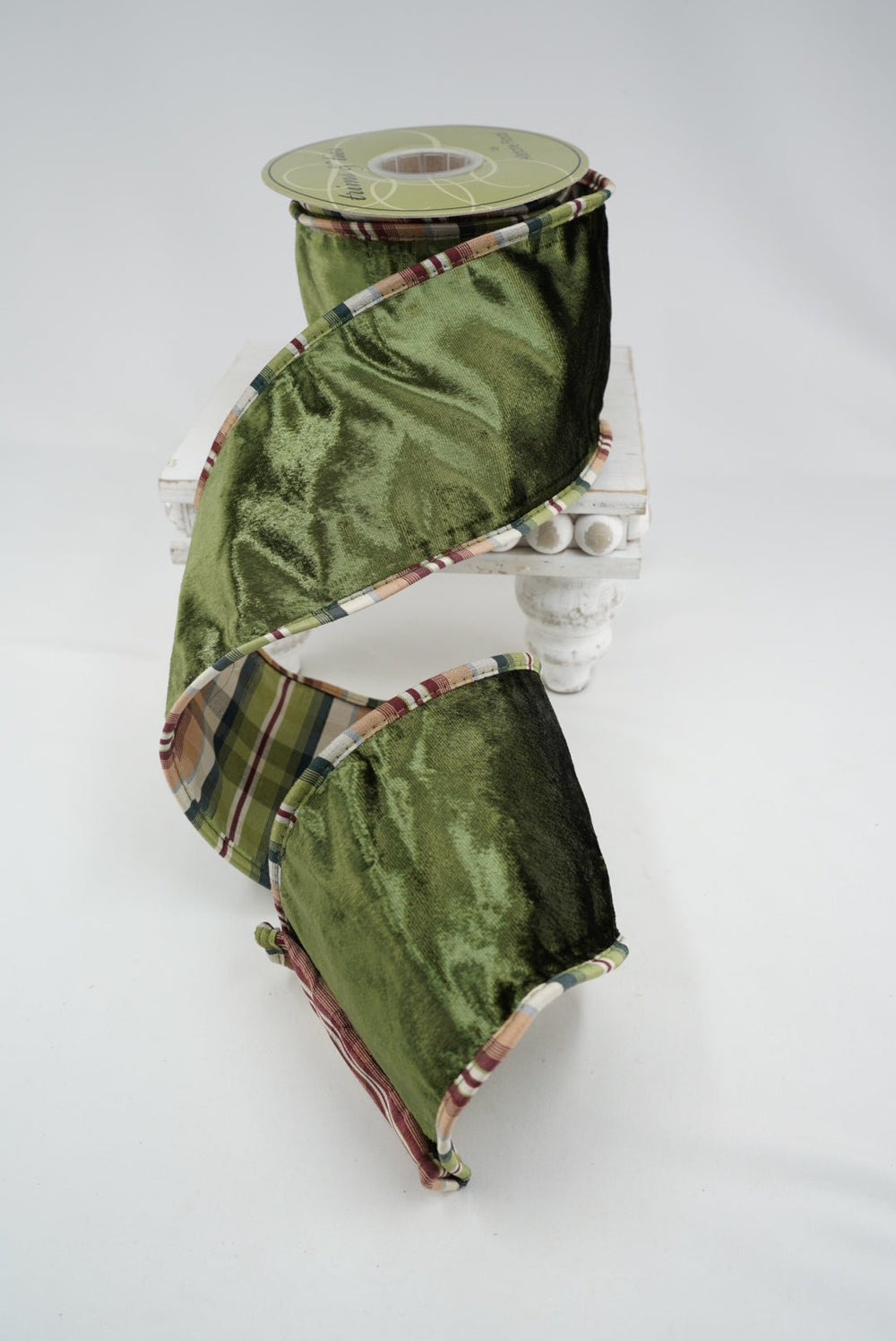 Green Velvet And Plaid Double Sided Wired Ribbon - 4" - Greenery MarketRW9622-GR