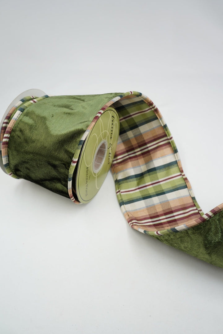 Green Velvet And Plaid Double Sided Wired Ribbon - 4" - Greenery MarketRW9622-GR