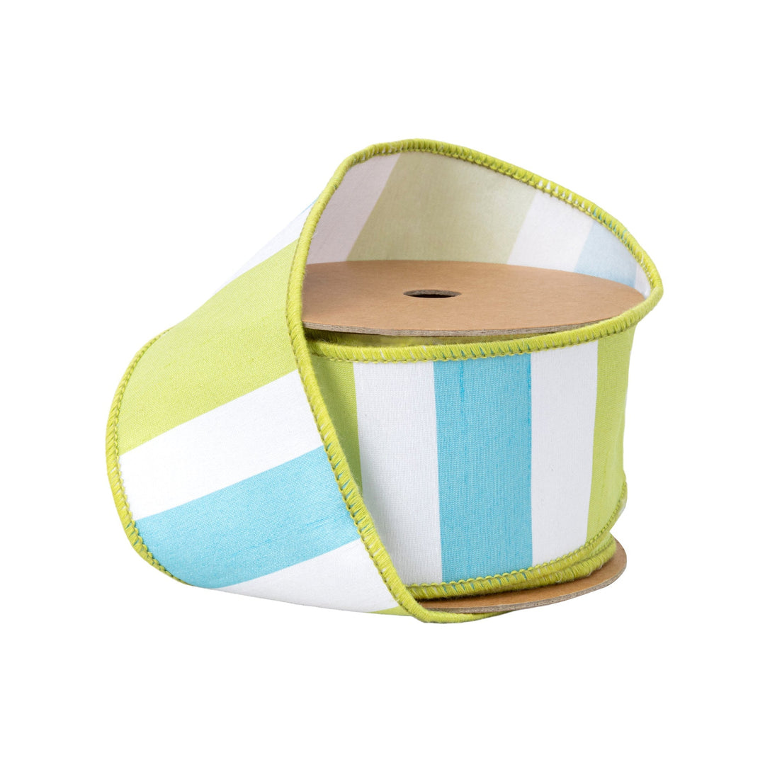 Green, White & Blue Large Horizontal Stripe with Green Backing Wired Dupioni Ribbon - 2.5" - Greenery MarketWired Ribbon6925W-550-63E