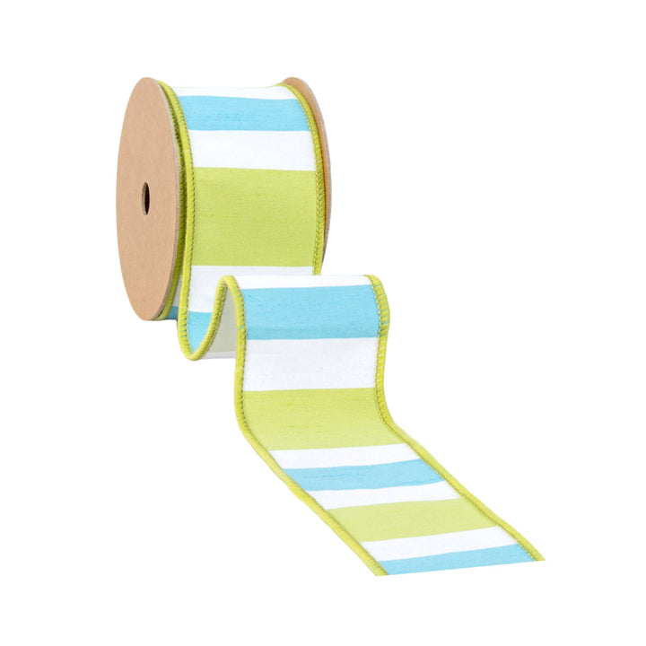 Green, White & Blue Large Horizontal Stripe with Green Backing Wired Dupioni Ribbon - 2.5" - Greenery MarketWired Ribbon6925W-550-63E