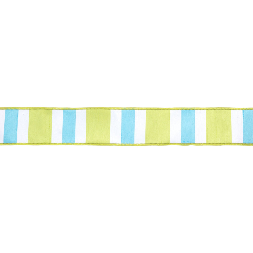 Green, White & Blue Large Horizontal Stripe with Green Backing Wired Dupioni Ribbon - 2.5" - Greenery MarketWired Ribbon6925W-550-63E