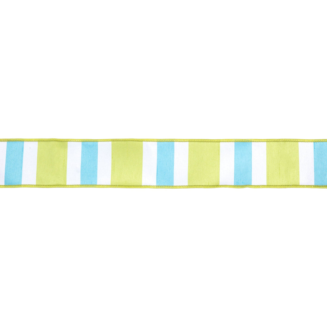 Green, White & Blue Large Horizontal Stripe with Green Backing Wired Dupioni Ribbon - 2.5" - Greenery MarketWired Ribbon6925W-550-63E