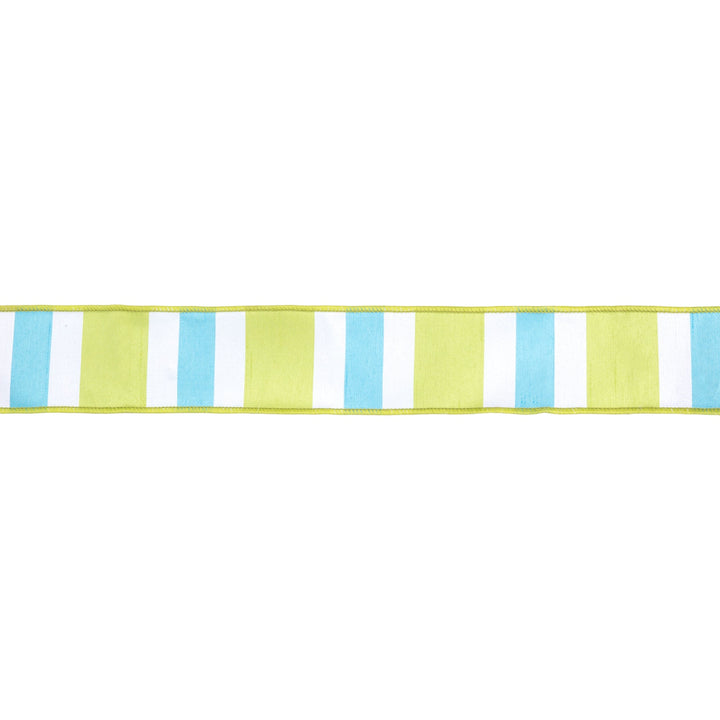 Green, White & Blue Large Horizontal Stripe with Green Backing Wired Dupioni Ribbon - 2.5" - Greenery MarketWired Ribbon6925W-550-63E
