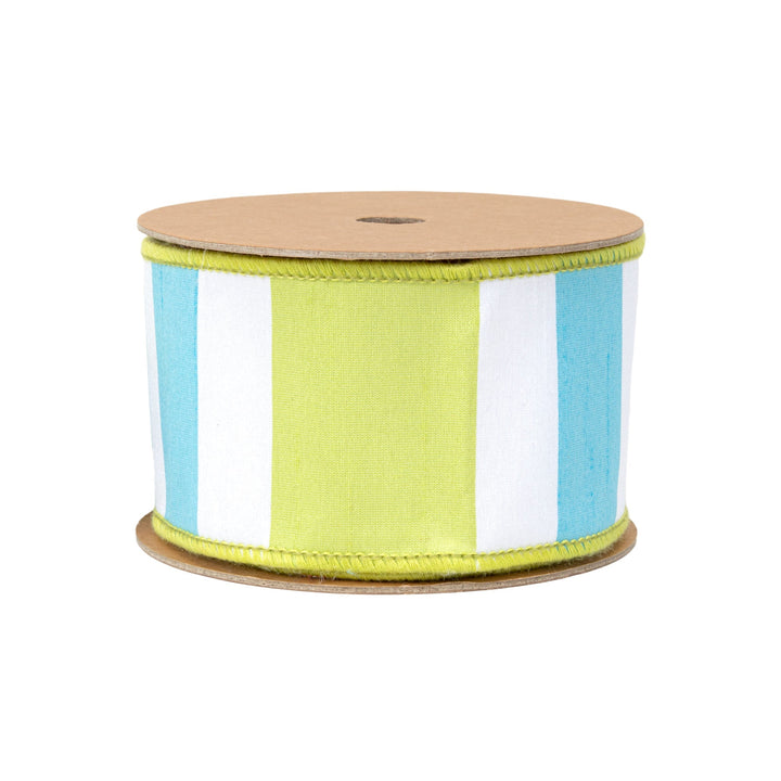 Green, White & Blue Large Horizontal Stripe with Green Backing Wired Dupioni Ribbon - 2.5" - Greenery MarketWired Ribbon6925W-550-63E
