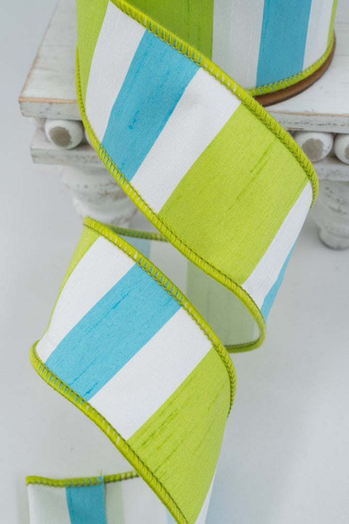 Green, White & Blue Large Horizontal Stripe with Green Backing Wired Dupioni Ribbon - 2.5" - Greenery MarketWired Ribbon6925W-550-63E