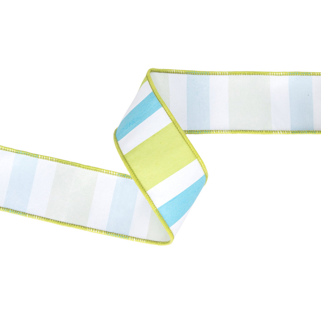 Green, White & Blue Large Horizontal Stripe with Green Backing Wired Dupioni Ribbon - 2.5" - Greenery MarketWired Ribbon6925W-550-63E