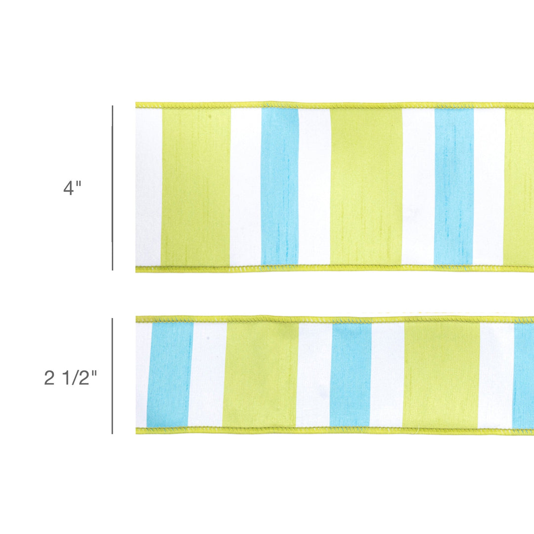 Green, White & Blue Large Horizontal Stripe with Green Backing Wired Dupioni Ribbon - 2.5" - Greenery MarketWired Ribbon6925W-550-63E