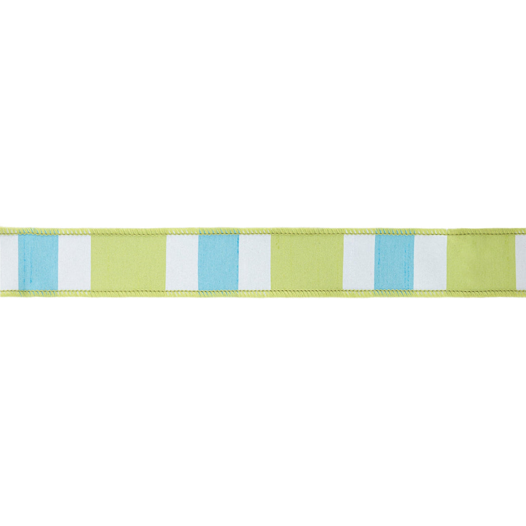 Green, White, & Blue Large Horizontal Stripe With Green Backing Wired Ribbon - 1.5" - Greenery MarketWired Ribbon6925W-550-38E