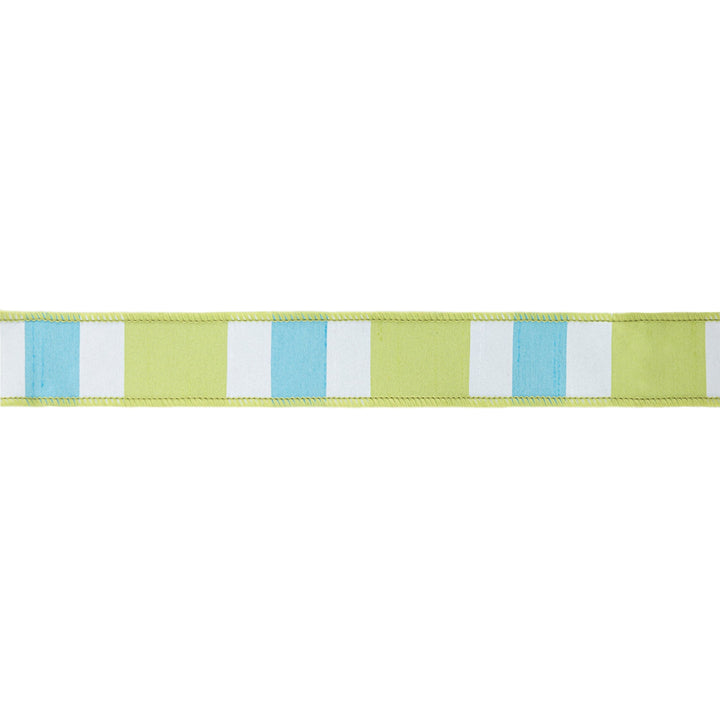 Green, White, & Blue Large Horizontal Stripe With Green Backing Wired Ribbon - 1.5" - Greenery MarketWired Ribbon6925W-550-38E