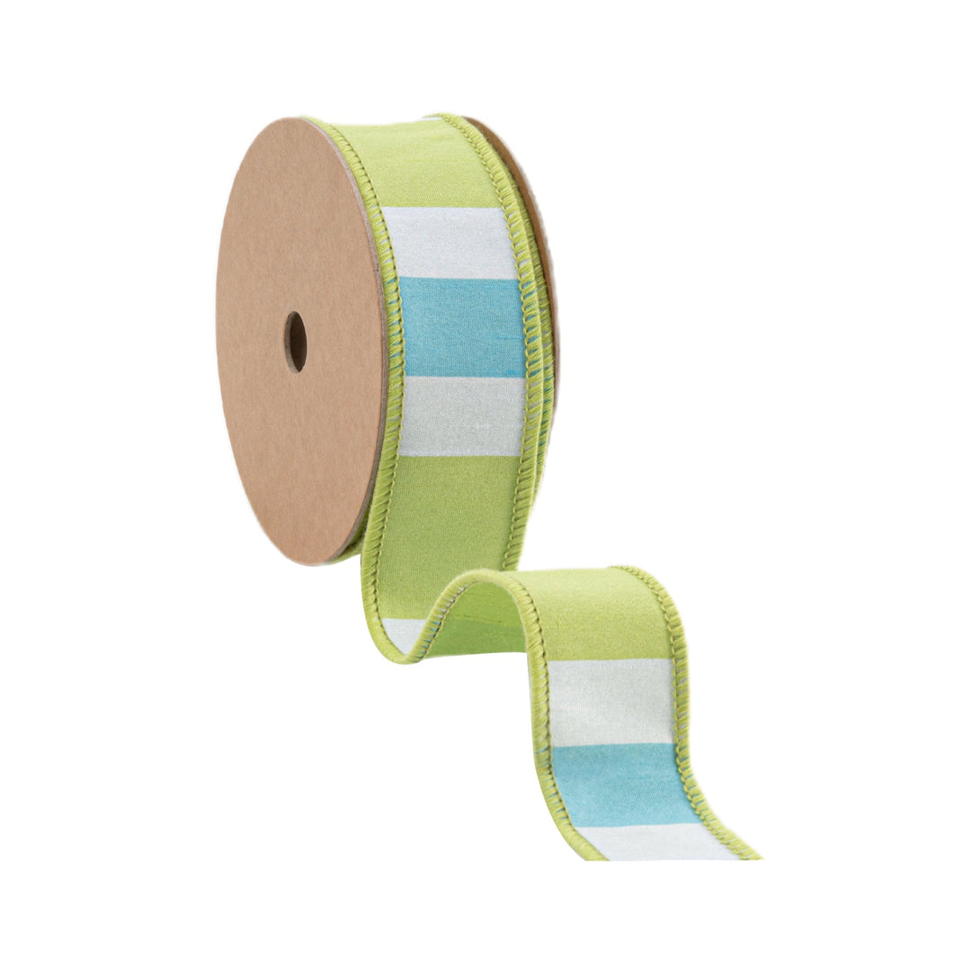 Green, White, & Blue Large Horizontal Stripe With Green Backing Wired Ribbon - 1.5" - Greenery MarketWired Ribbon6925W-550-38E