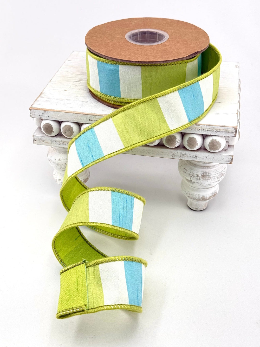 Green, White, & Blue Large Horizontal Stripe With Green Backing Wired Ribbon - 1.5" - Greenery MarketWired Ribbon6925W-550-38E