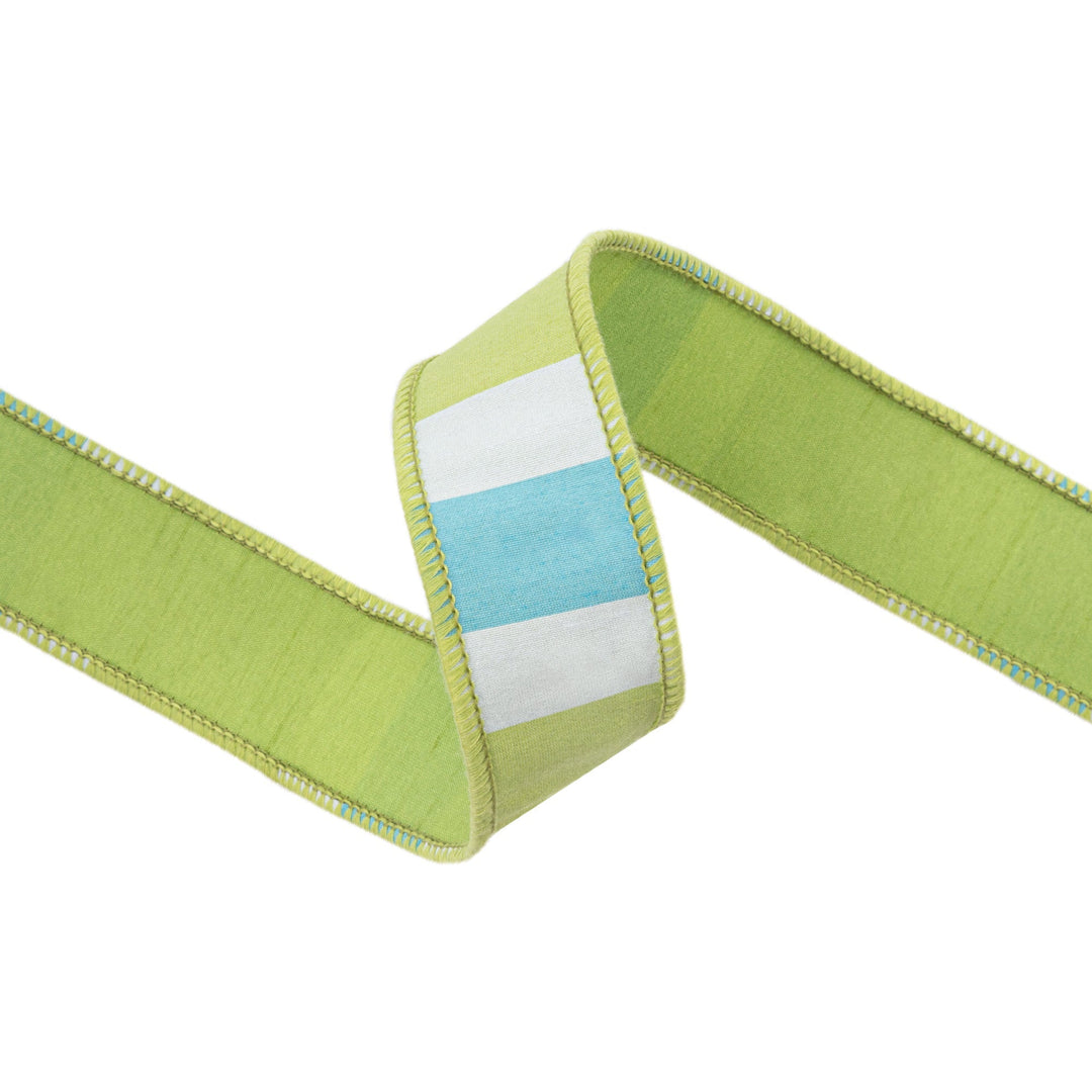 Green, White, & Blue Large Horizontal Stripe With Green Backing Wired Ribbon - 1.5" - Greenery MarketWired Ribbon6925W-550-38E