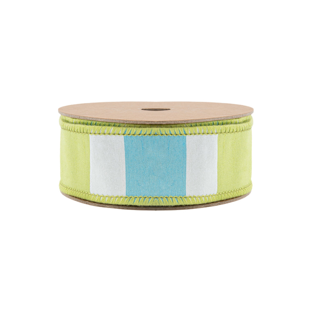 Green, White, & Blue Large Horizontal Stripe With Green Backing Wired Ribbon - 1.5" - Greenery MarketWired Ribbon6925W-550-38E