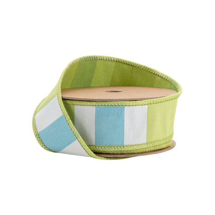 Green, White, & Blue Large Horizontal Stripe With Green Backing Wired Ribbon - 1.5" - Greenery MarketWired Ribbon6925W-550-38E