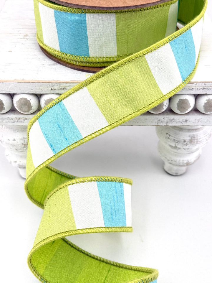 Green, White, & Blue Large Horizontal Stripe With Green Backing Wired Ribbon - 1.5" - Greenery MarketWired Ribbon6925W-550-38E