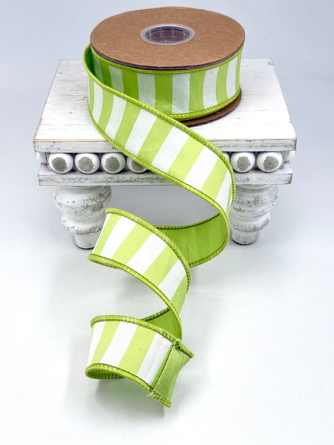 Green & White Medium Horizontal Stripe With Green Backing Wired Ribbon - 1.5" - Greenery MarketWired Ribbon6926W-550-38E