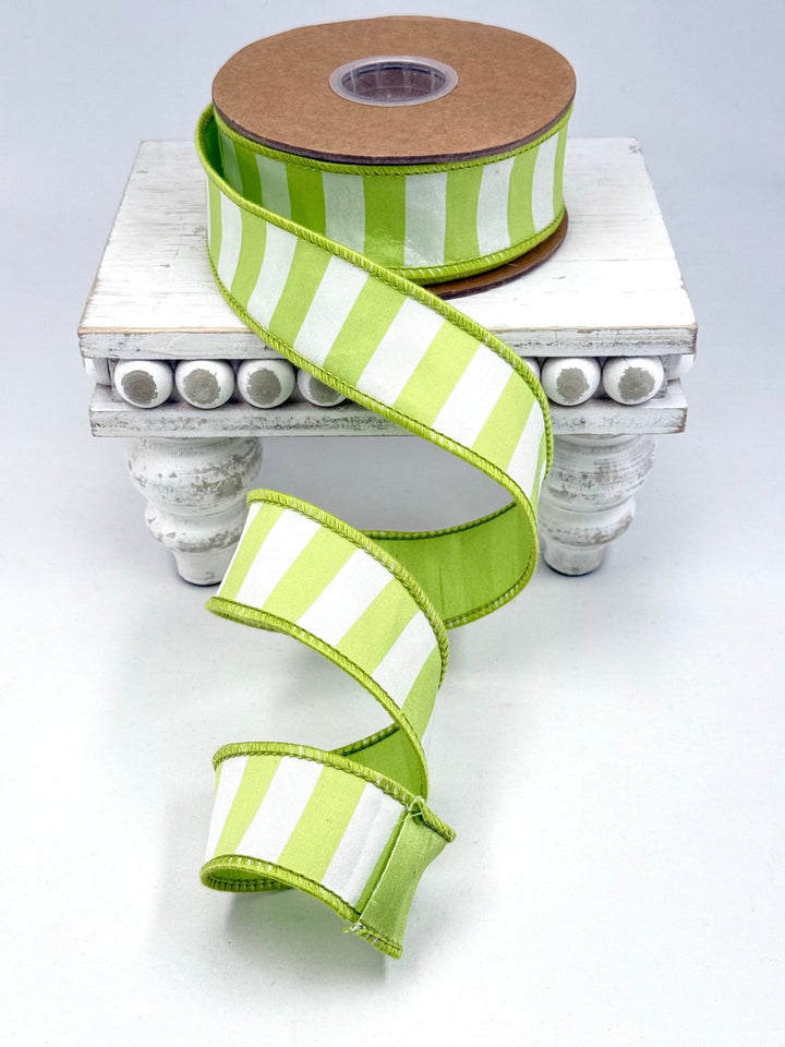 Green & White Medium Horizontal Stripe With Green Backing Wired Ribbon - 1.5" - Greenery MarketWired Ribbon6926W-550-38E
