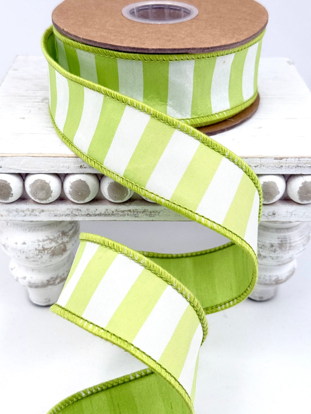 Green & White Medium Horizontal Stripe With Green Backing Wired Ribbon - 1.5" - Greenery MarketWired Ribbon6926W-550-38E