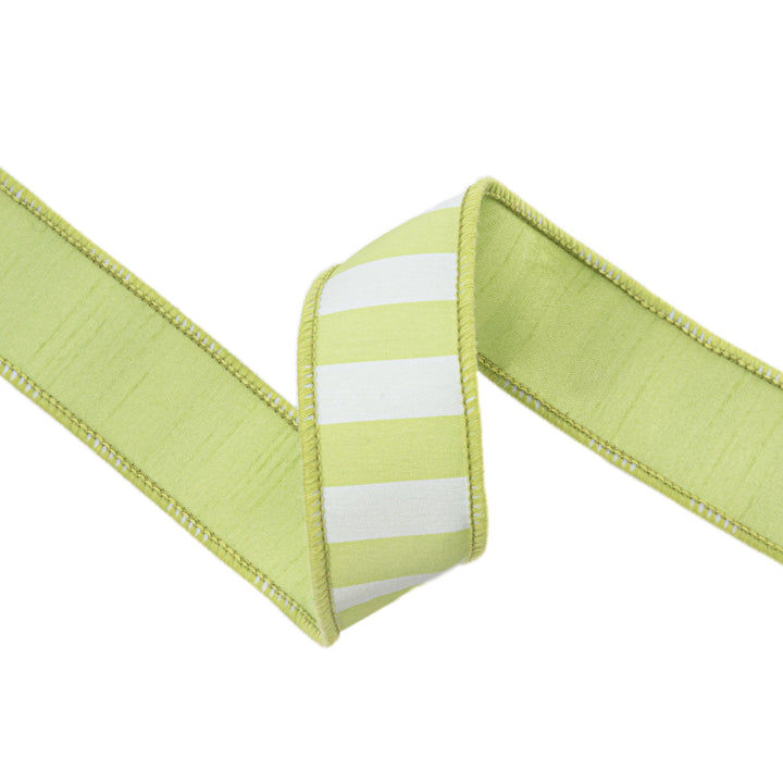 Green & White Medium Horizontal Stripe With Green Backing Wired Ribbon - 1.5" - Greenery MarketWired Ribbon6926W-550-38E