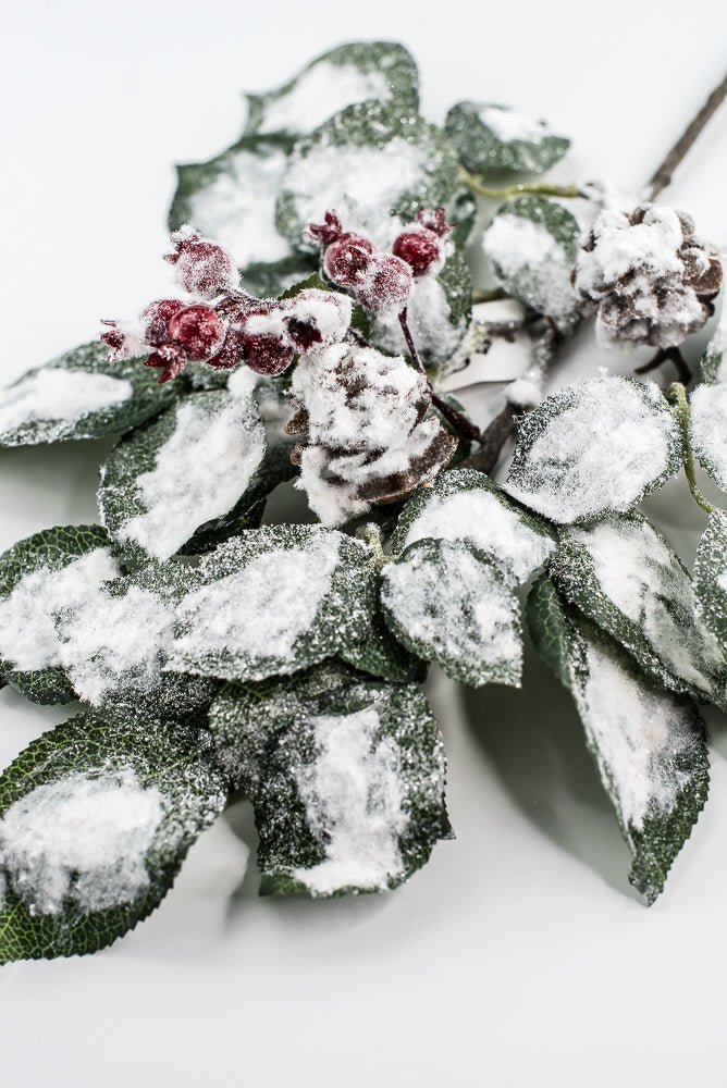 Green & White Snow Leaf Berry Spray With Cone - Greenery MarketXP2688GW