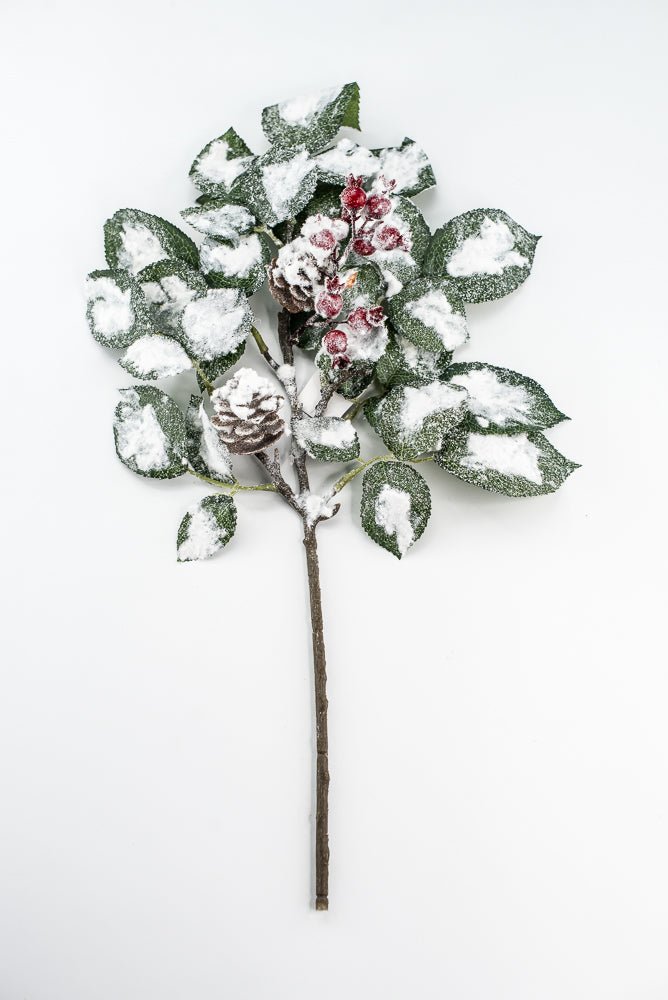 Green & White Snow Leaf Berry Spray With Cone - Greenery MarketXP2688GW