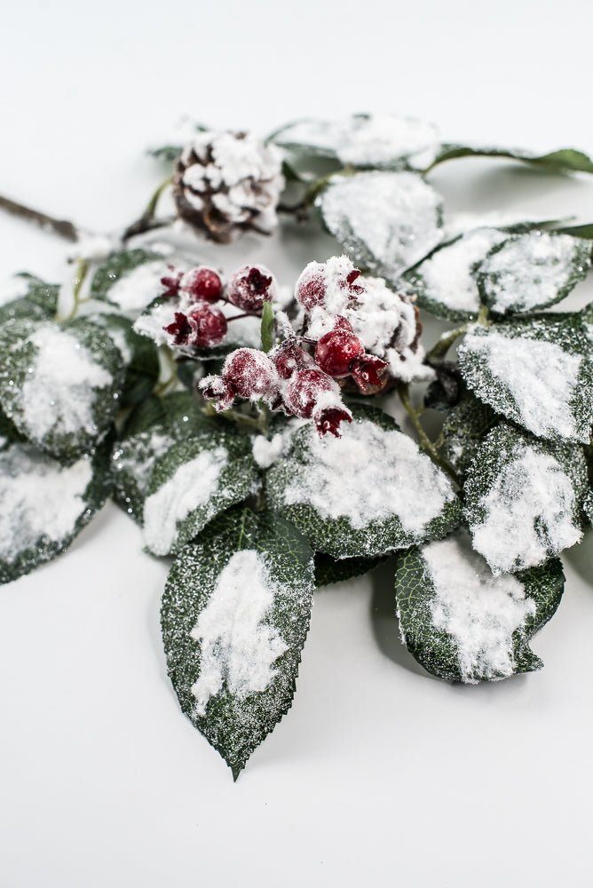 Green & White Snow Leaf Berry Spray With Cone - Greenery MarketXP2688GW