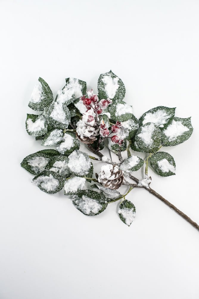 Green & White Snow Leaf Berry Spray With Cone - Greenery MarketXP2688GW
