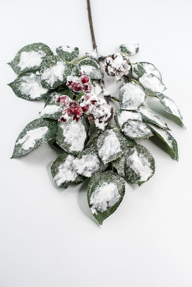 Green & White Snow Leaf Berry Spray With Cone - Greenery MarketXP2688GW