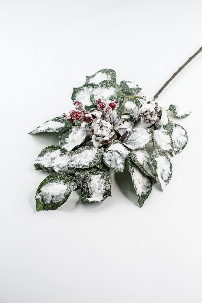 Green & White Snow Leaf Berry Spray With Cone - Greenery MarketXP2688GW