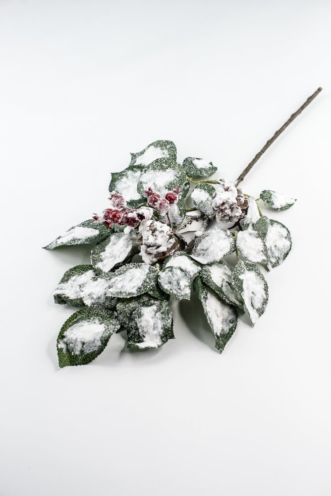 Green & White Snow Leaf Berry Spray With Cone - Greenery MarketXP2688GW