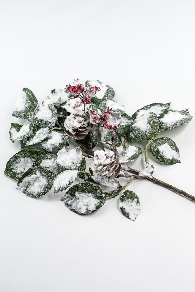 Green & White Snow Leaf Berry Spray With Cone - Greenery MarketXP2688GW