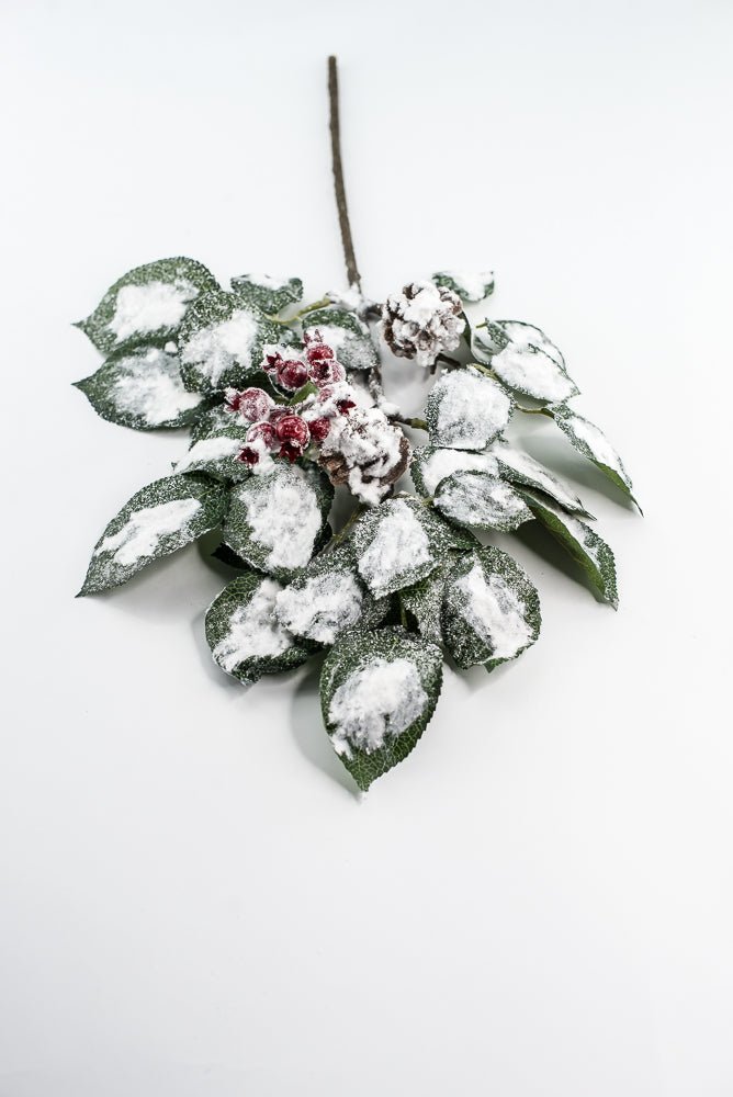Green & White Snow Leaf Berry Spray With Cone - Greenery MarketXP2688GW