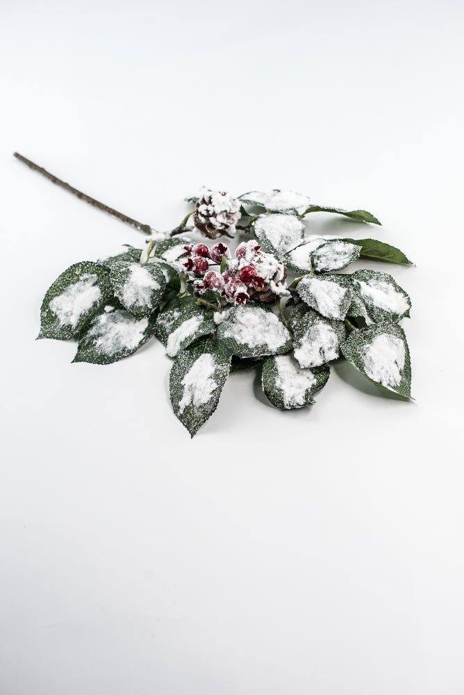 Green & White Snow Leaf Berry Spray With Cone - Greenery MarketXP2688GW