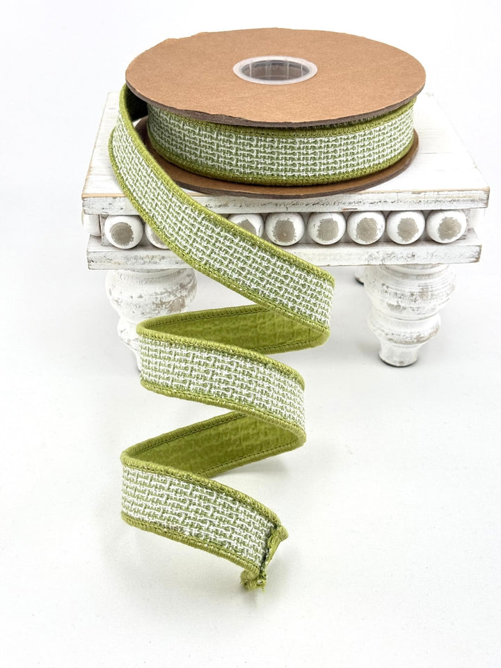 Green & White Wired Woven Jacquard Ribbon - 1" - Greenery MarketWired Ribbon9124W-563-25E
