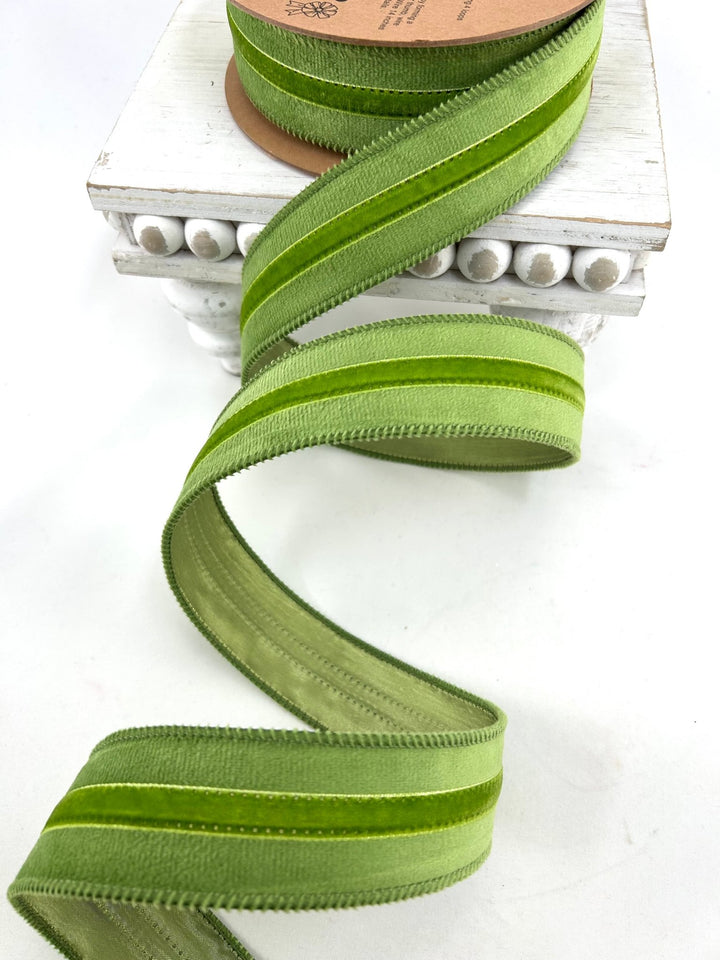 Green with Green Trim Wired Velvet Ribbon w/ Trim - 1.5" - Greenery MarketWired Ribbon7021W-563-38E
