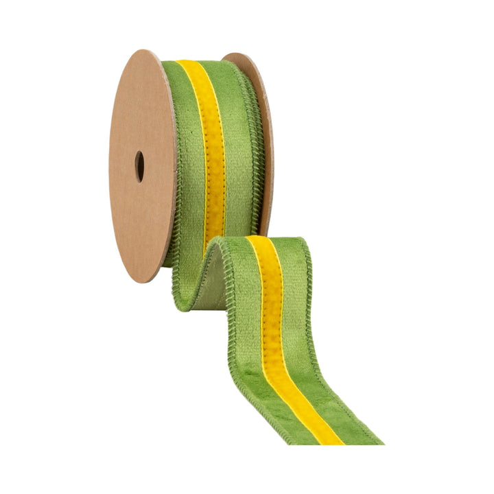 Green With Yellow Trim Wired Velvet Ribbon - 1.5" - Greenery MarketWired Ribbon7022W-653-38E