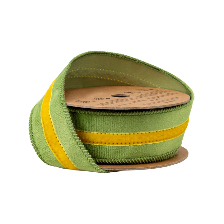 Green With Yellow Trim Wired Velvet Ribbon - 1.5" - Greenery MarketWired Ribbon7022W-653-38E