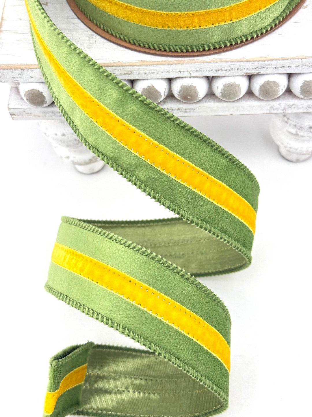 Green With Yellow Trim Wired Velvet Ribbon - 1.5" - Greenery MarketWired Ribbon7022W-653-38E