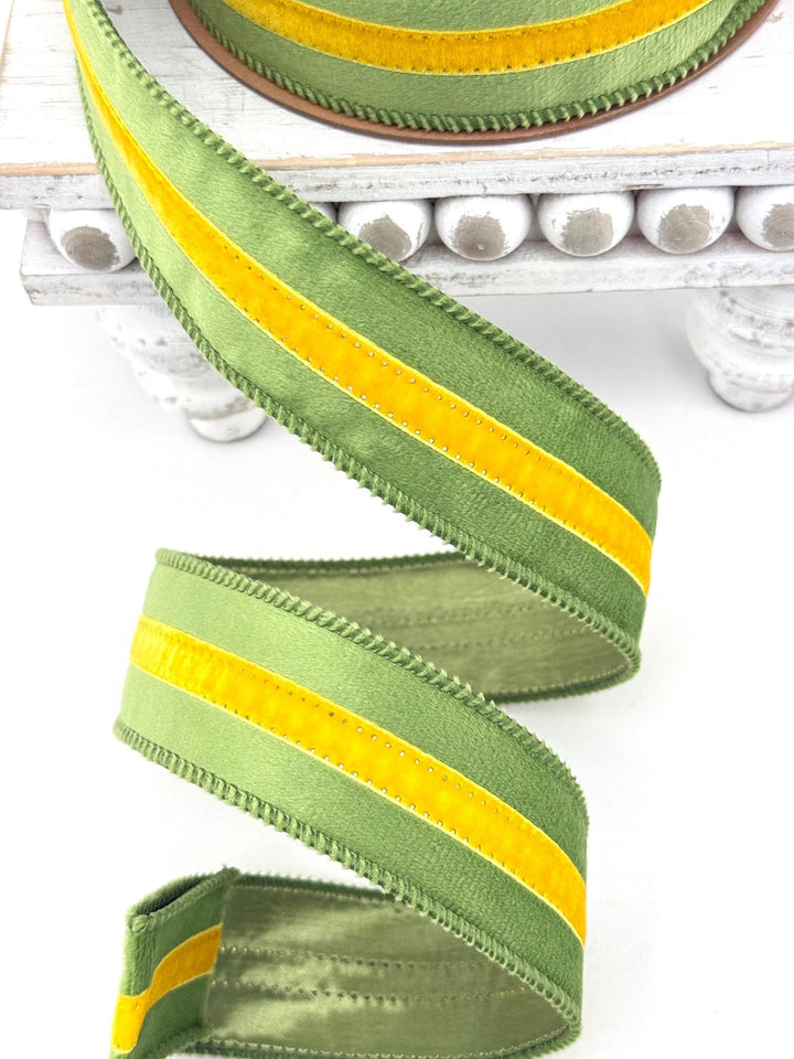 Green With Yellow Trim Wired Velvet Ribbon - 1.5" - Greenery MarketWired Ribbon7022W-653-38E