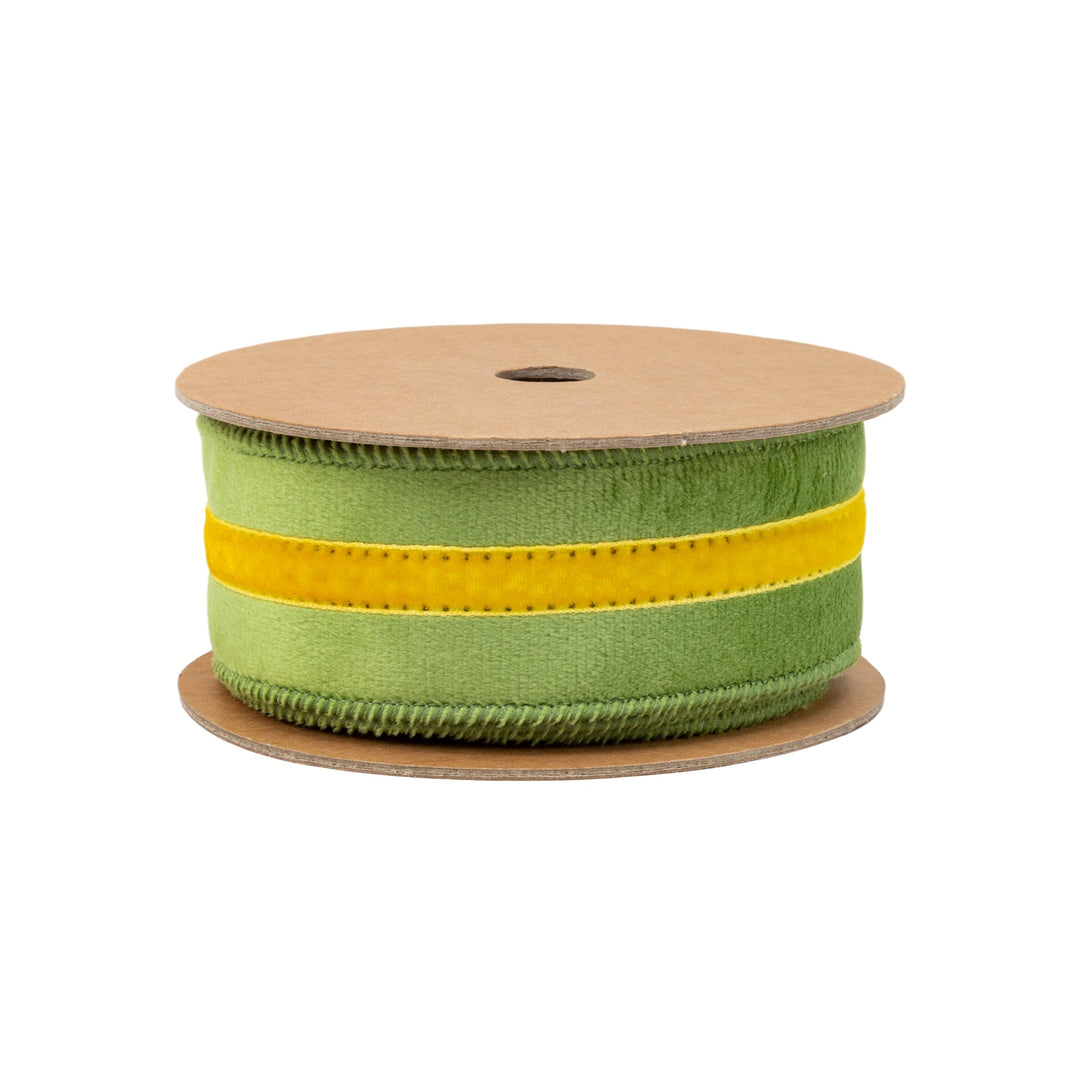 Green With Yellow Trim Wired Velvet Ribbon - 1.5" - Greenery MarketWired Ribbon7022W-653-38E