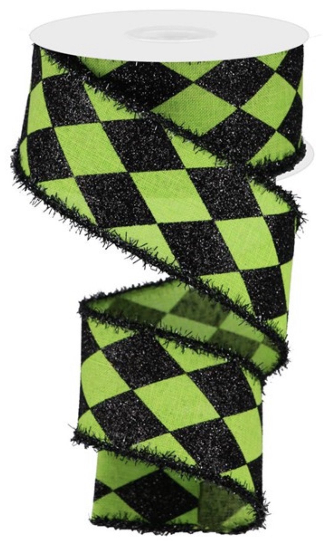 Harlequin with black glitter diamonds and lime green wired ribbon - Greenery MarketWired ribbonRG0805233