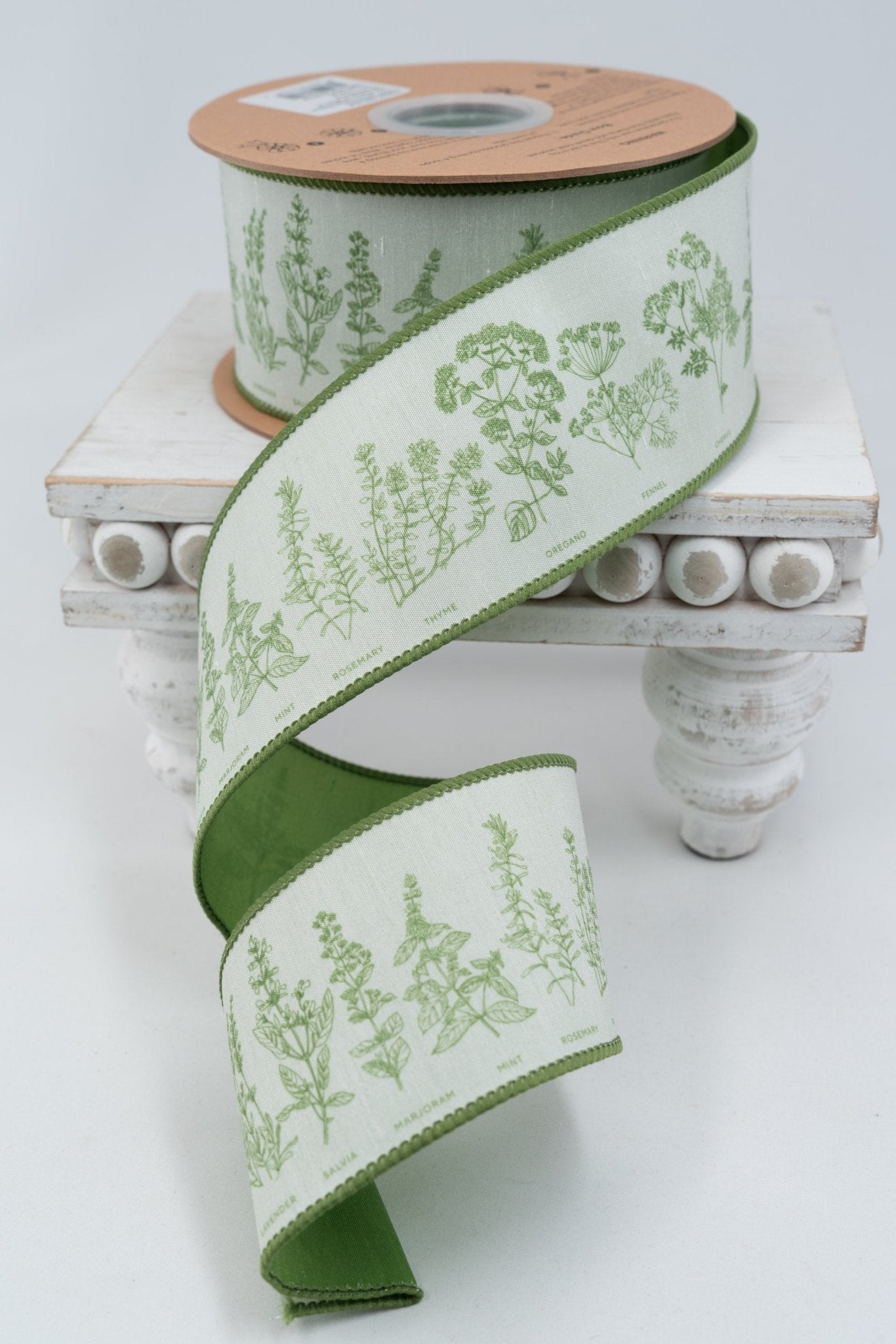 Herb Sprigs On White with Green Backing Wired Dupioni Ribbon - 2.5 ...