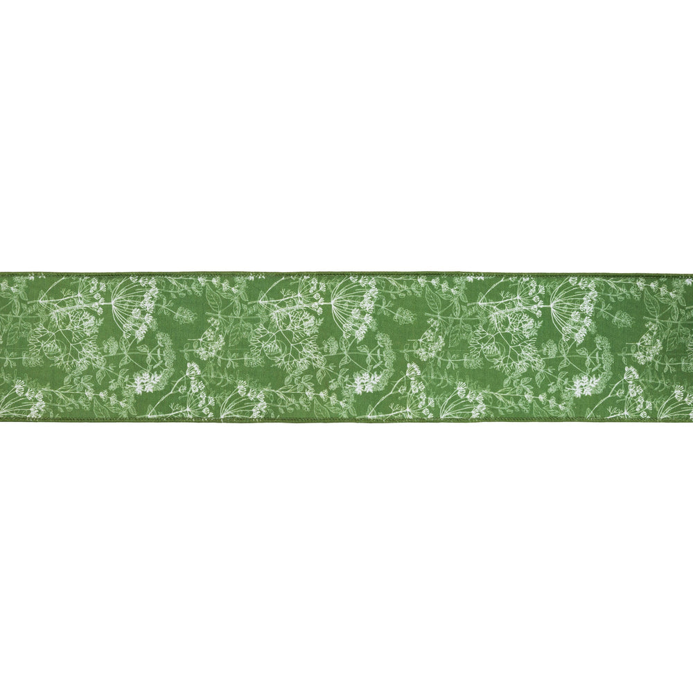 Herbs On Green with White Backing Wired Dupioni Ribbon - 4" - Greenery MarketWired Ribbon9359W-587-100E