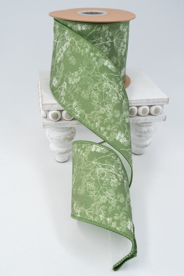 Herbs On Green with White Backing Wired Dupioni Ribbon - 4" - Greenery MarketWired Ribbon9359W-587-100E