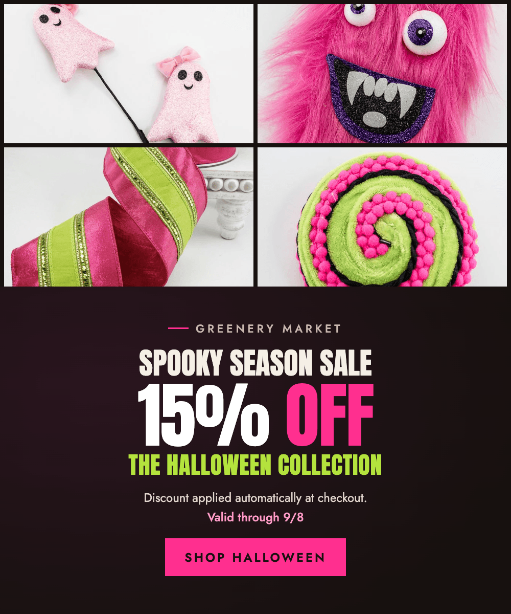 A 15% off promotional sale graphic for the Greenery Market Halloween collection, featuring four product photos at the top and large sale text on a dark background below. The products shown include pink felt ghost decorations, a fuzzy pink monster face, a pink and lime green ribbon, and a pink and lime green spiral felt decoration.