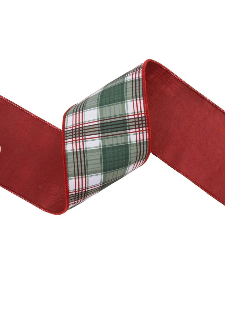 Holiday Plaid Wired Reversible Solid Ribbon - 4" - Greenery Market8213W - 036 - 100E